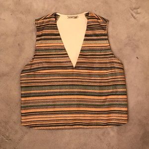 ZARA Multi Metallic Stripped Deep V Neck Top L